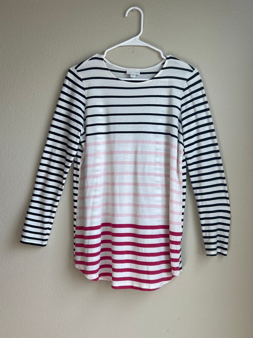 J Jill Striped Cotton Modal Long Sleeve Curved Hem Back Pleat Tee Top Size Small